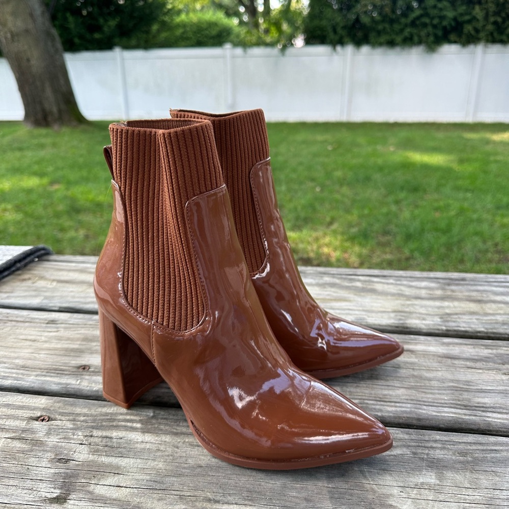 Steve Madden brown patent leather sock boot